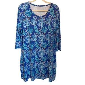Lulu-B UPF 50 Dress Womens Size XL Blue Nautical Rope Coral Print 3/4 Sleeve